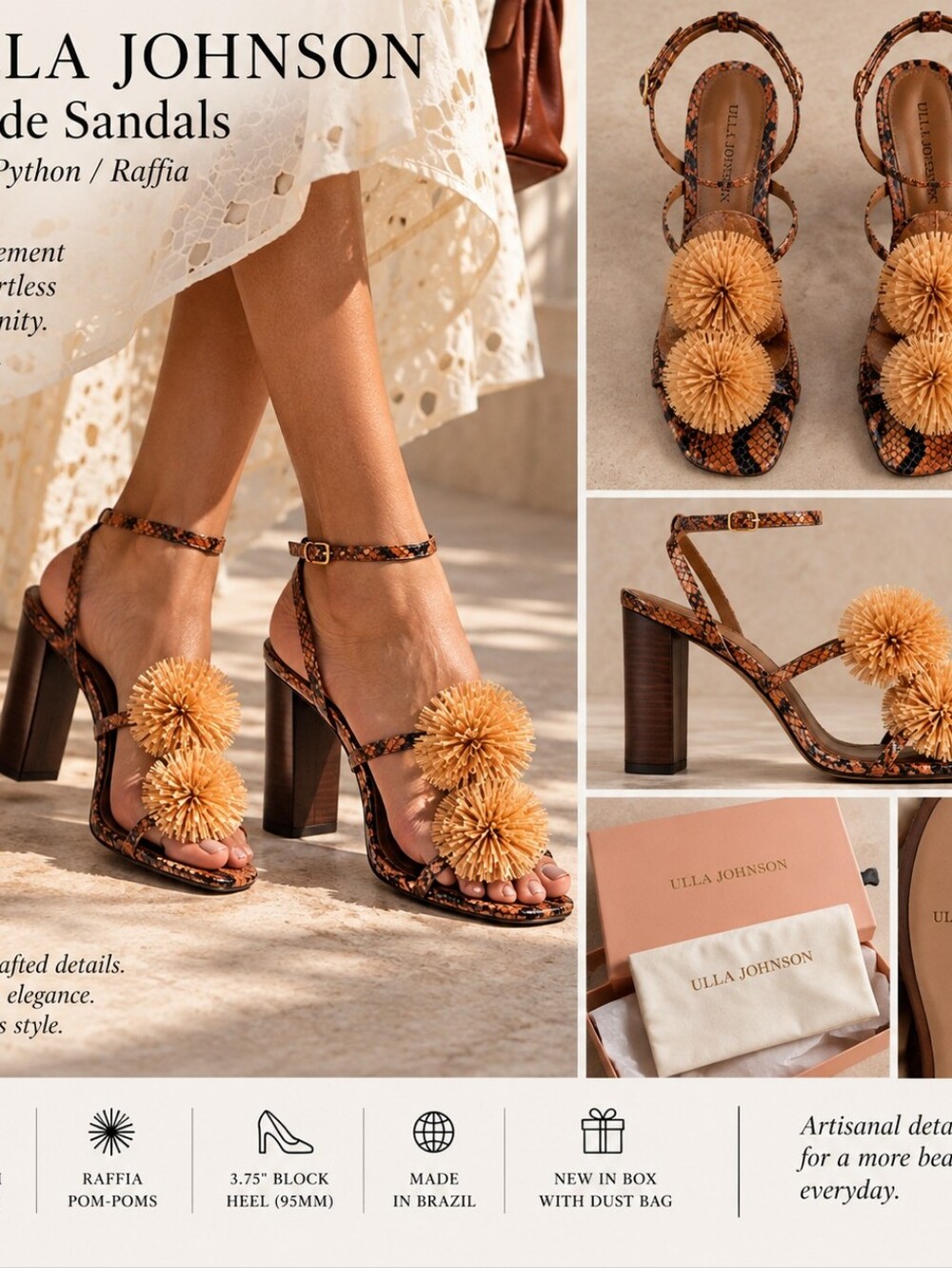 Ulla Johnson Isolde Python Raffia Pom Pom Sandals Heels NIB Size US9